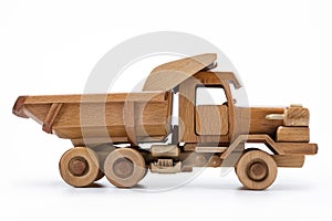 Natural wooden toy car, a white background isolated