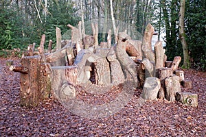 Natural woodland play area made with sustainably felled oak tree trunks on Chorleywood Common