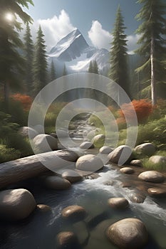 A natural worlf scene, from tranquil forests to majestic mountainscapes, river, plants, rocks, wildflowers photo