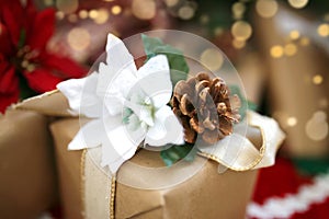 Natural Wrapped Christmas Present with Pinecone and Kraft Paper