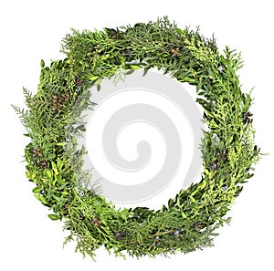 Natural wreath of evergreen branches with cones isolated on a white background. Christmas composition.