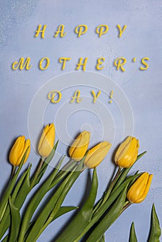 Natural yellow tulip flowers and mother greeting text on blue concrete