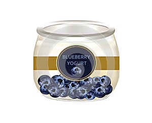 Natural yogurt with blueberries in a glass jar