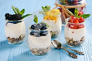 Natural yogurt with muesli, mango and berries.