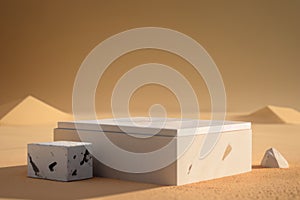 Naturalism design, square shape, podium display, light and shadow, brown and sand theme, minimal style - 3d rendering