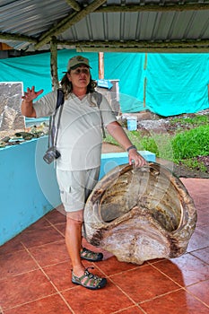 Naturalist talking about Galapagos giant tortoise shell at the s