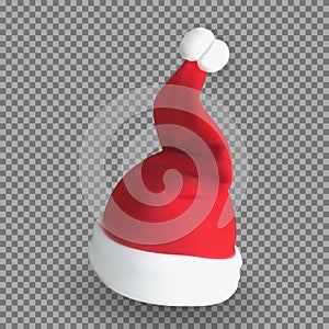 Naturalistic 3D version of Santa Claus hat on a transparent background. Vector Illustration