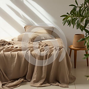 Naturalistic Beige Bedding With Taupe Linen Sheets And Potted Plant