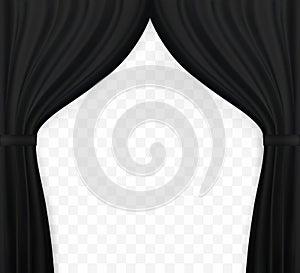 Naturalistic image of Curtain, open curtains Black color on transparent background. Vector Illustration.