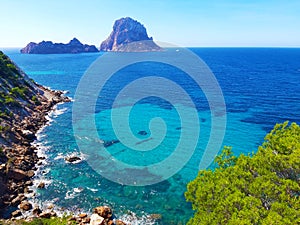 Naturalistic maritime panorama of Es Vedra in the sea of â€‹â€‹Ibiza from Cala d`Hort