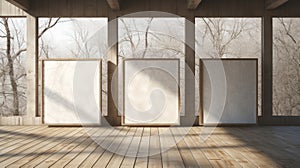 Naturalistic Renderings Three Wooden Frames In A Light-filled Room
