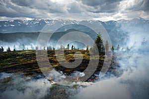 Naturally burning mountains in Ukrainian Carpathians photo
