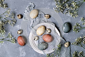Naturally dyed easter eggs in cardboard container