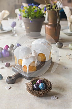 Naturally dyed Easter quail eggs in nest, Easter cakes, fresh violets potted, wooden hearts background