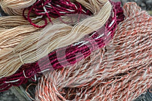 Naturally Dyed Wool Yarn - Tan, Magenta, Rust photo