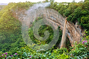 The naturally occurring rocky cliffs are covered with lush greenery on foggy days in morning.