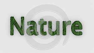 Nature - 3d word green on white background. fresh Grass letters isolated illustration. nature animals and mother, ecosystem and