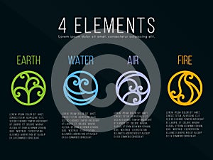 Nature 4 Classical elements circle curve line border abstract icon sign. Water, Fire, Earth, Air. vector design