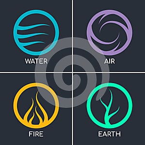 Nature 4 elements in circle abstract icon sign wiht Water, Fire, Earth, Air. vector design