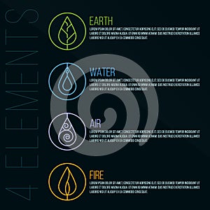 Nature 4 elements circle logo sign. Earth, Water, Fire, Air. on dark blue background.