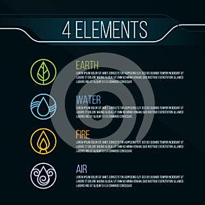 Nature 4 elements circle logo sign. Water, Fire, Earth, Air. on dark background.