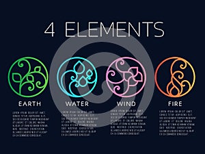 Nature 4 elements in Coil line border abstract icon circle sign. Water, Fire, Earth, wind. vector design