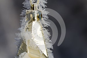 Nature Abstract: Frost Crystals Clinging to a Golden Outdoor Christmas Ornament