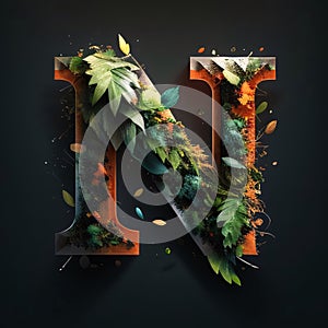 Nature alphabet, ecology and environment concept - capital letter N decorated with green and orange leaves