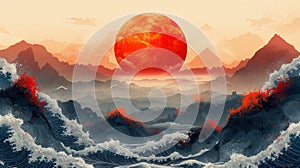 Nature art background with Chinese wave template in oriental style. Abstract landscape with Japanese wave pattern modern