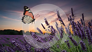 Nature art with fly butterfly, lavender flower against evening sky