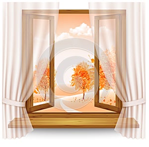 Nature autumn background with wooden window frame with curtains