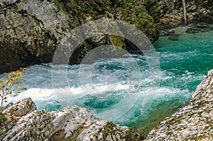 Nature autumn landscape. Waterfall at Soteska Vintgar Slovenia.