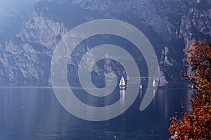 Nature background with achts on lake Garda Italy in sunny autumn day