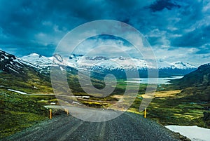 Nature background beautiful landscape mountains road hills clouds Iceland