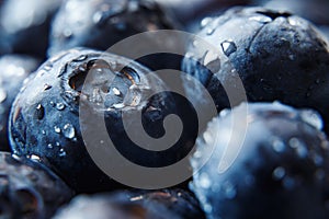 Nature background. Big beautiful water drops on ripe and juicy fresh picked blueberries closeup. Macro view