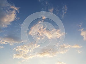 Nature background. Blue and clouds sky at twilight.