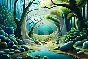 Nature background with green trees and river, surreal wallpaper, illustration abstract painting, generative ai