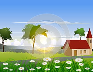 Nature background with house and sunlight effect