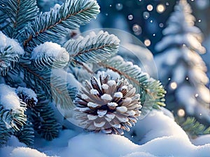 Nature background with pine tree in snow. Evergreen tree branches in hoarfrost outdoors in a winter forest