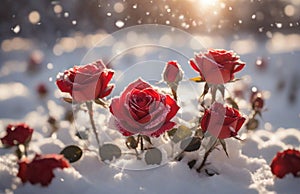 Nature background: red roses in snow.AI