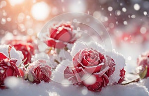 Nature background: red roses in snow.AI