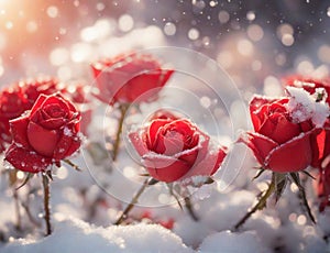 Nature background: red roses in snow.AI