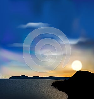 Nature background, sea, mountain, sun, sky during