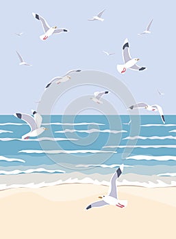 Nature Background with Sea, Waves, Beach and Flying Seagulls