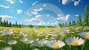 Nature background - a vibrant field of white and yellow flowers against a picturesque blue sky