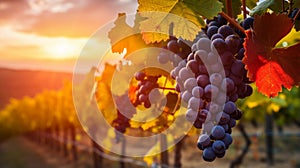 Nature background with Vineyards at sunset in autumn harvest. Ripe grapes in fall. generative ai