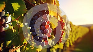 Nature background with Vineyards at sunset in autumn harvest. Ripe grapes in fall. generative ai