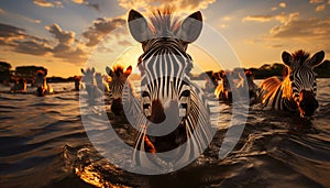 Nature beauty in Africa: sunset, zebra, safari, wildlife, reflection generated by AI