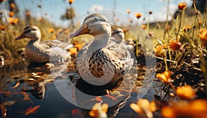 Nature beauty reflected in tranquil pond, ducks quacking in harmony generated by AI