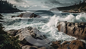 Nature beauty in a rough wave breaking on a rocky coastline generated by AI